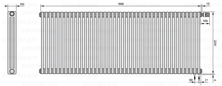 Схема (чертеж) Радиатор Zehnder Charleston 3220/41 №V002 Белый глянцевый RAL 9016